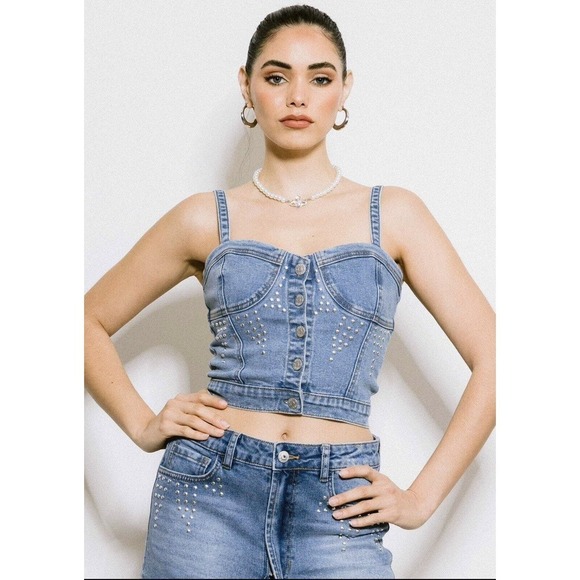 Vibrant MIU Tops - 90s Style Denim Bustier Top - Metal Embellishment Club/Rave/Festival Wear